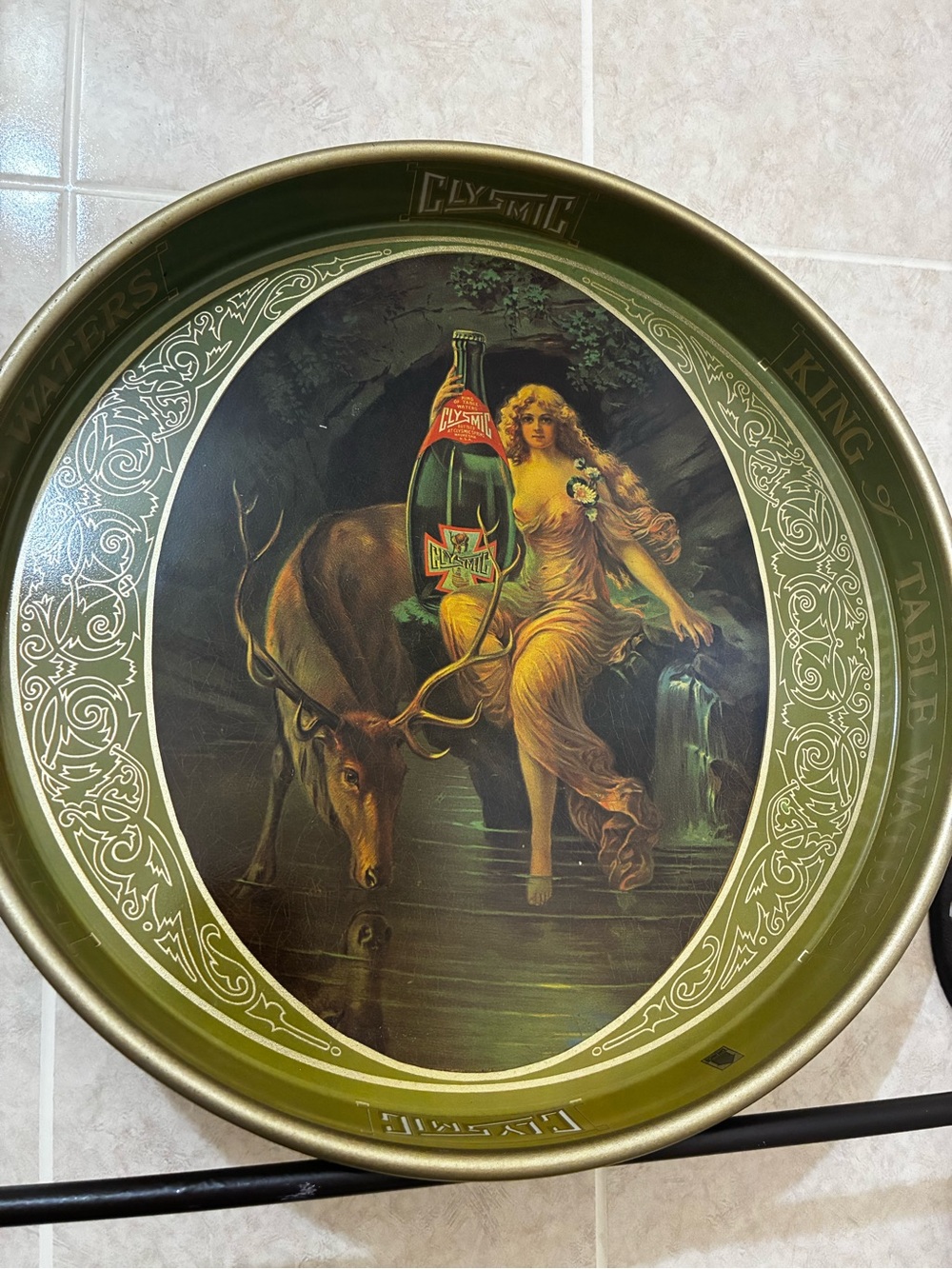 Clysmic Decorated Metal Serving Tray - Olive Green and gold.